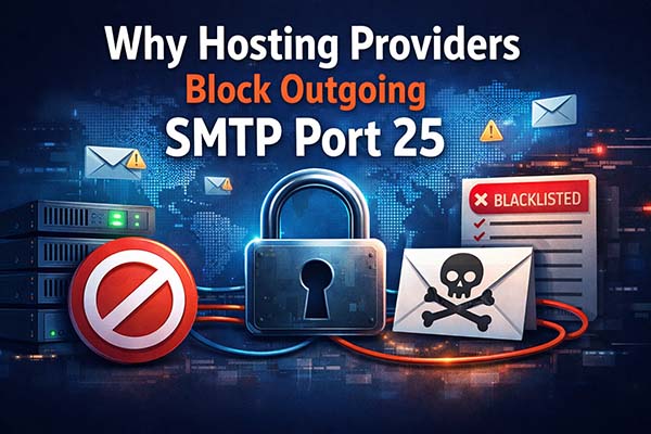Illustration showing servers and a locked email connection representing hosting providers blocking outgoing SMTP port 25